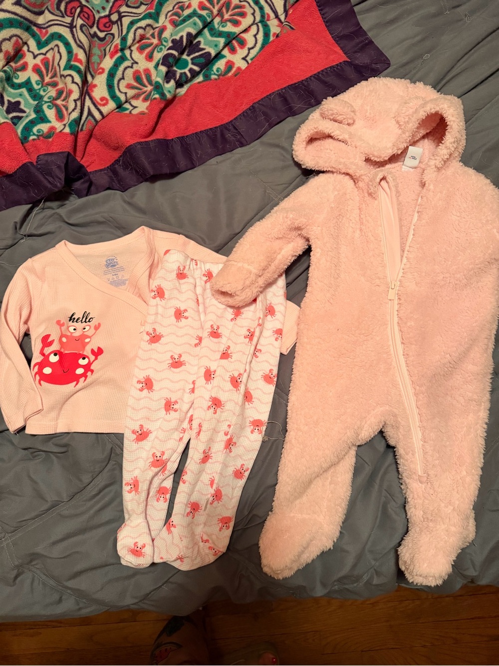 Old Navy Baby Pink Sherpa Hooded Footie with Crab Pajama Set